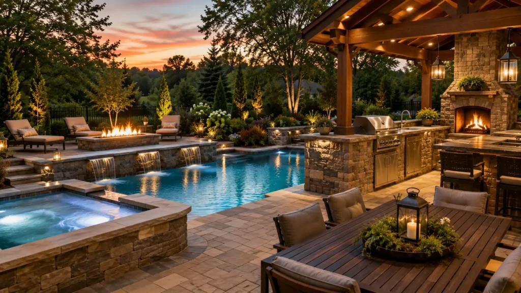 A backyard oasis with a swimming pool, firepit, pergola, outdoor kitchen