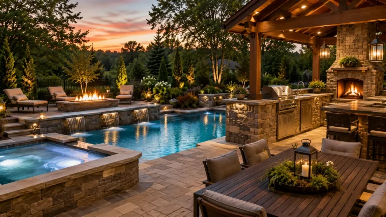 A backyard oasis with a swimming pool, firepit, pergola, outdoor kitchen
