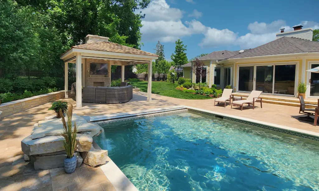 In-ground pool, pavilion and paver patio project in Northbrook, Illinois